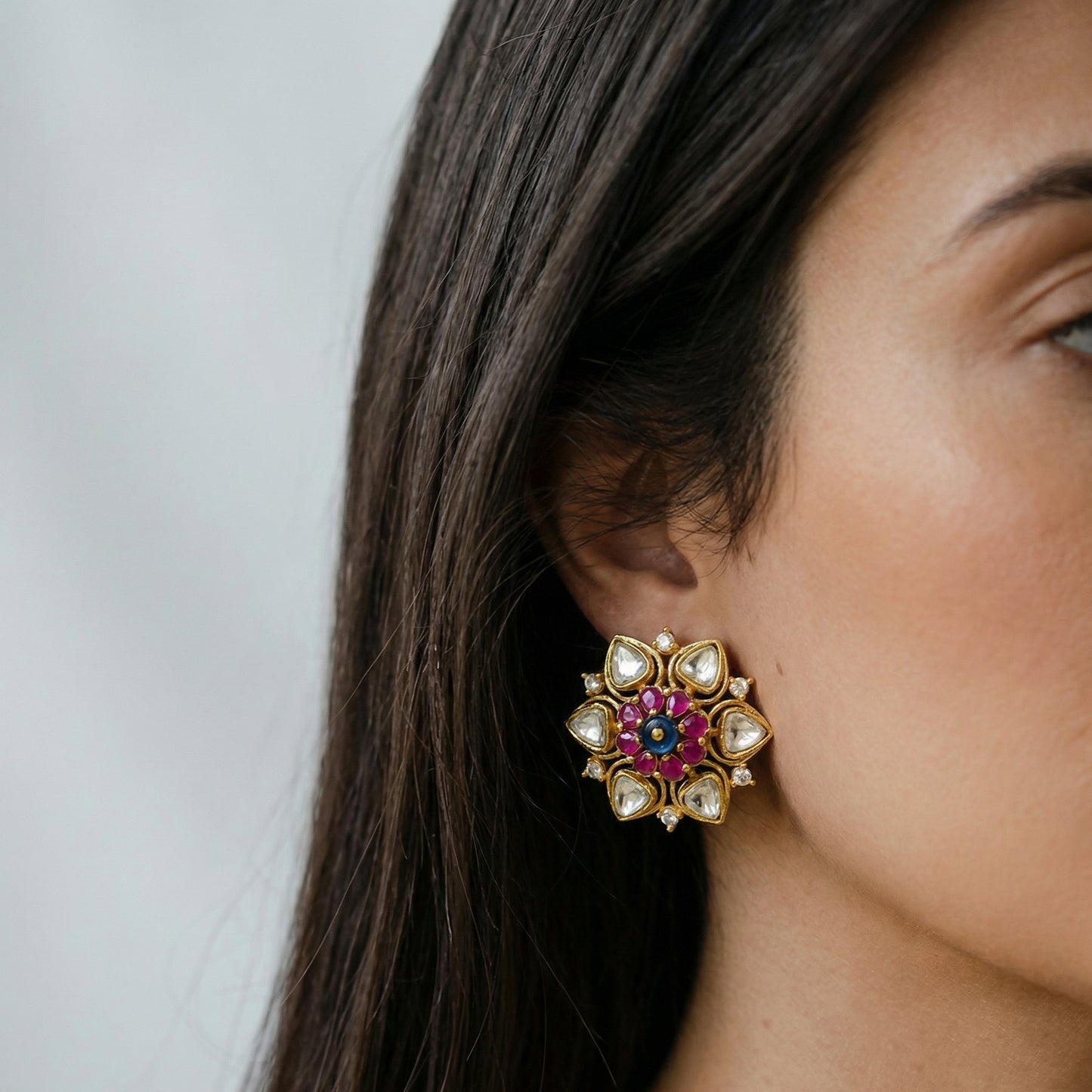 Ruby Polki Floral Gold Stud Earrings