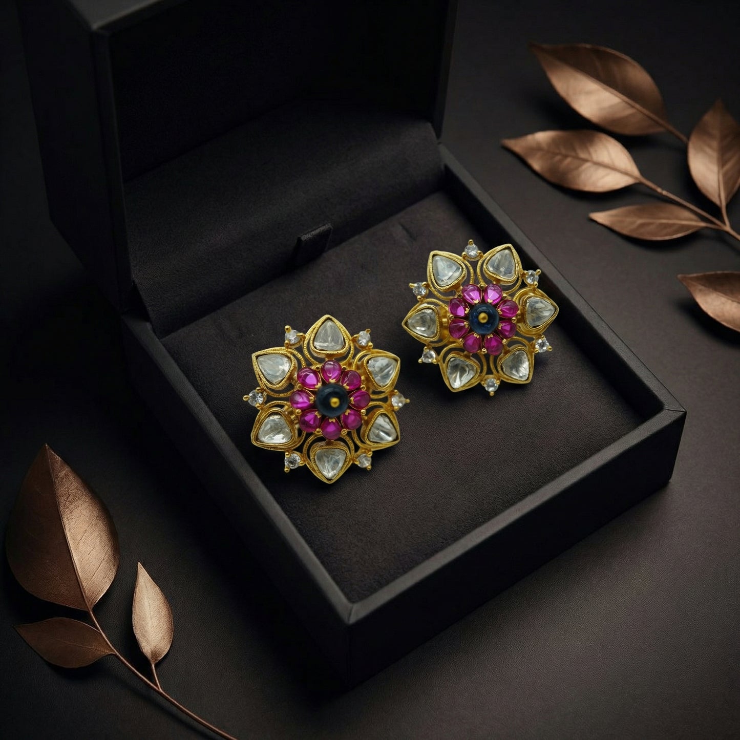 Ruby Polki Floral Gold Stud Earrings