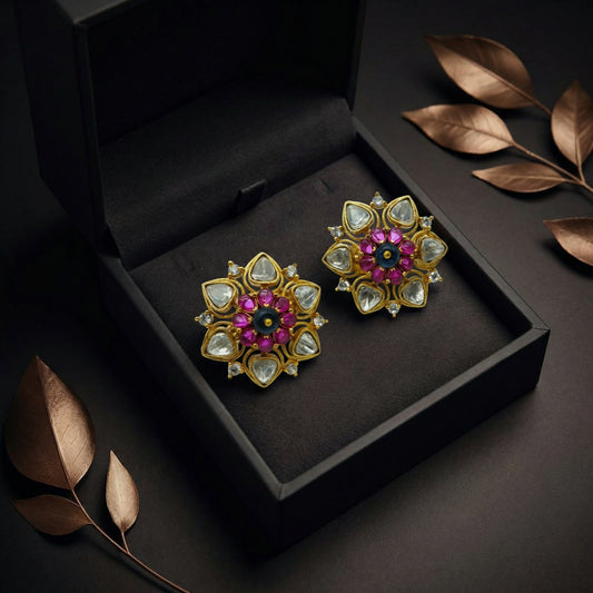 Ruby Polki Floral Gold Stud Earrings