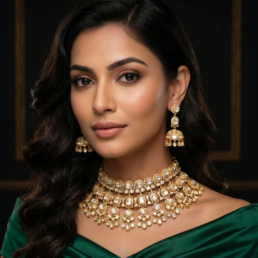 Polki Diamond Jhumka Gold Necklace Set