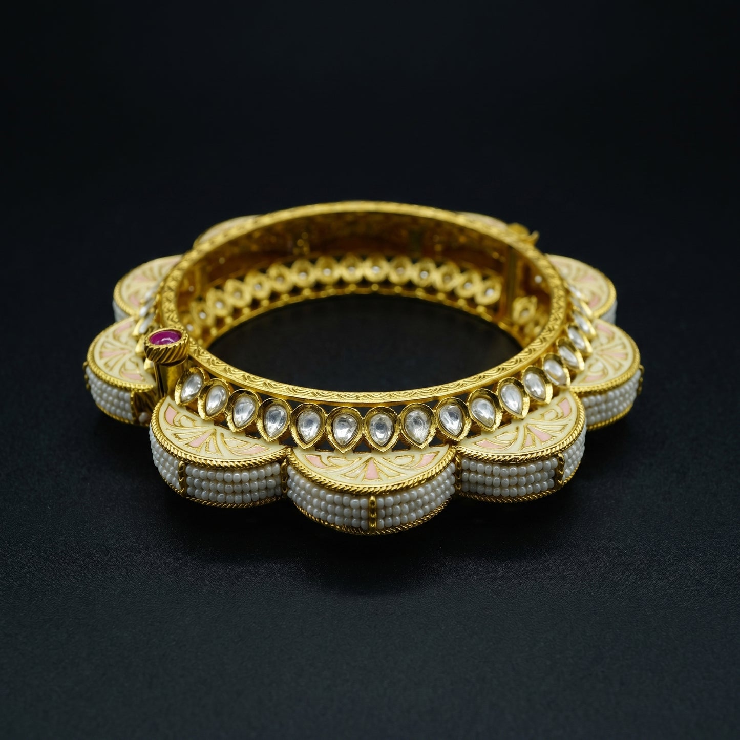 Pearl Polki Blush Meenakari Gold Bangle