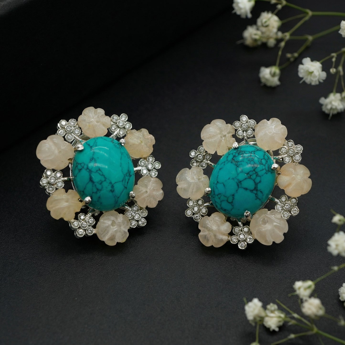 Turquoise Carved Quartz Floral Silver Studs