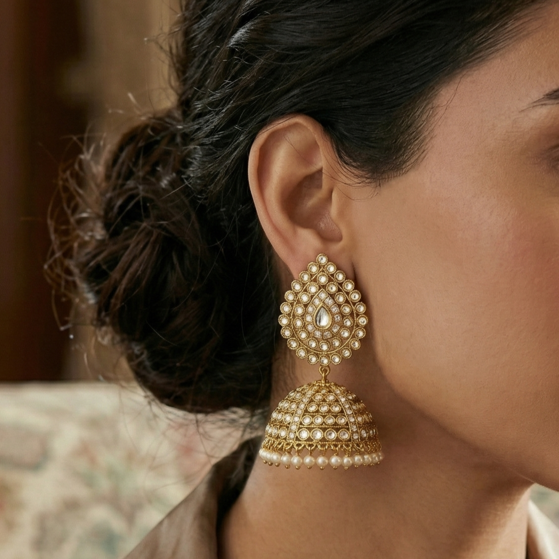 Polki Diamond Pearl Jhumka Gold Earrings