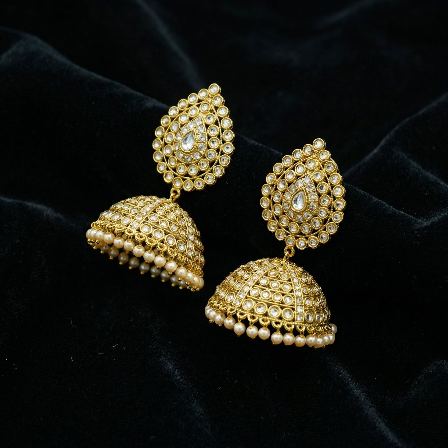Polki Diamond Pearl Jhumka Gold Earrings