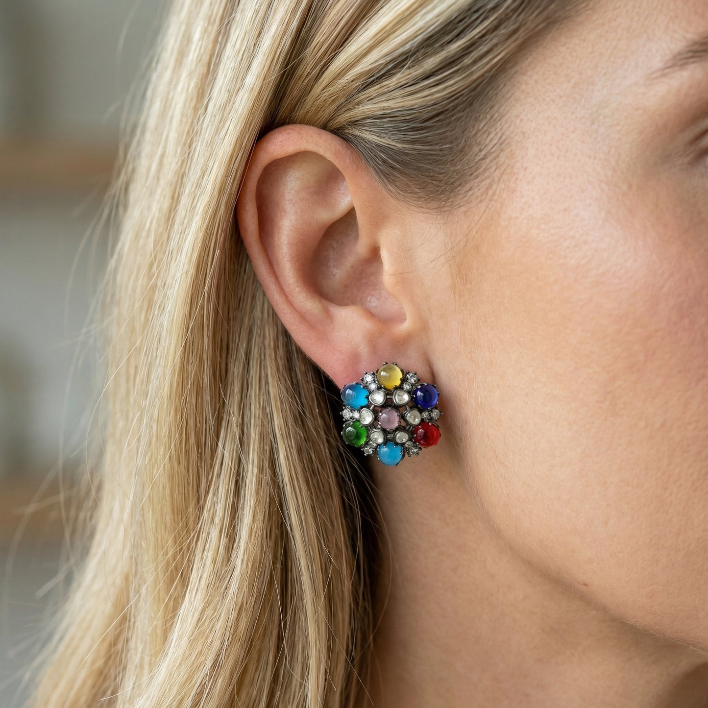 Multicolour Cabochon Diamond Cluster Studs