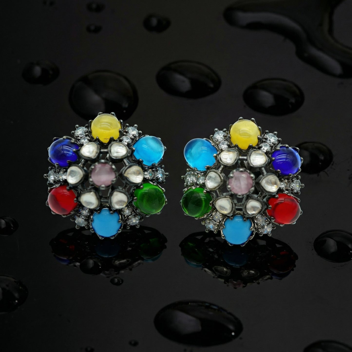 Multicolour Cabochon Diamond Cluster Studs