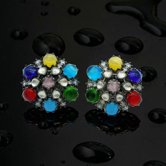 Multicolour Cabochon Diamond Cluster Studs