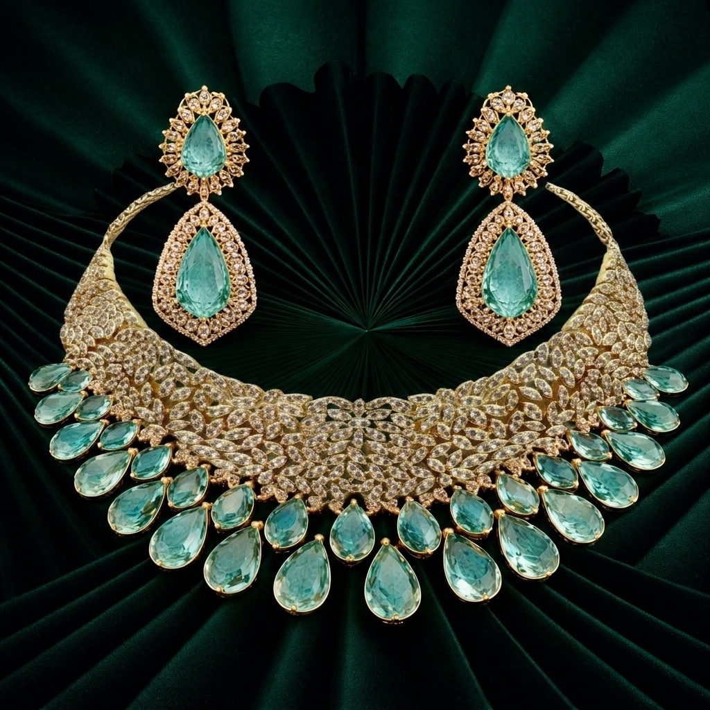 Original Gold Plating Emerald Royale Teardrop Crystal Choker & Earrings Set