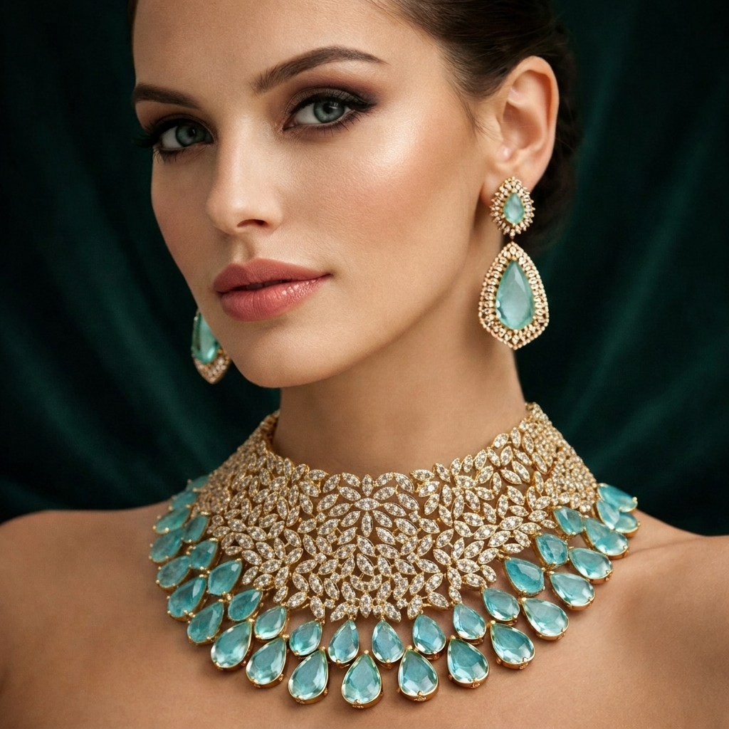 Original Gold Plating Emerald Royale Teardrop Crystal Choker & Earrings Set