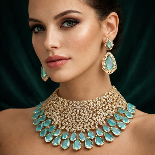 22 Caret Gold Platting Emerald Royale Teardrop Crystal Choker & Earrings Set