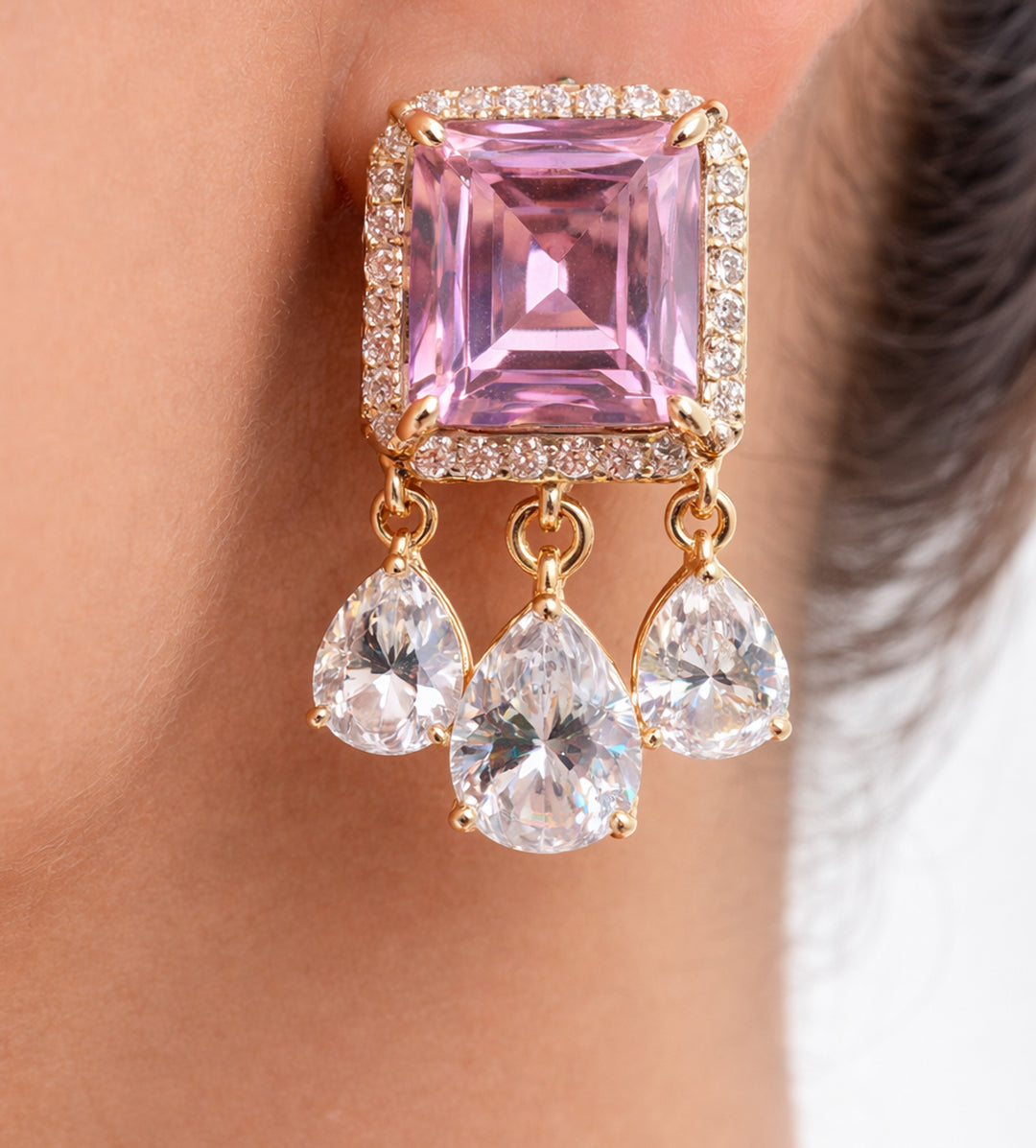 High-end Cubic Zirconia  Regal Pink Crystal Double Strand Necklace & Earrings Set