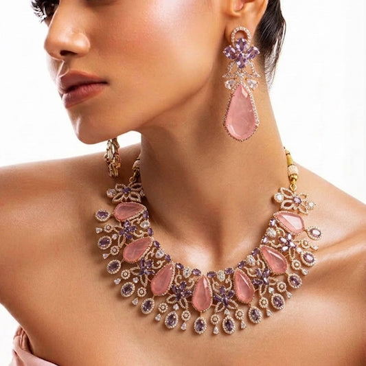 Premium Moissanite & Pink Quartz-Tone Set