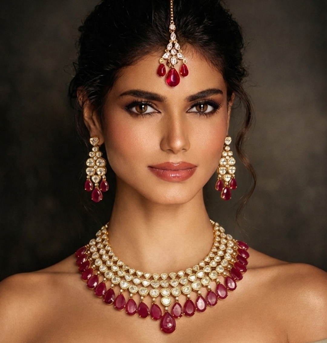 22C Original Gold Platting Ruby Royale Kundan Jewelry Set