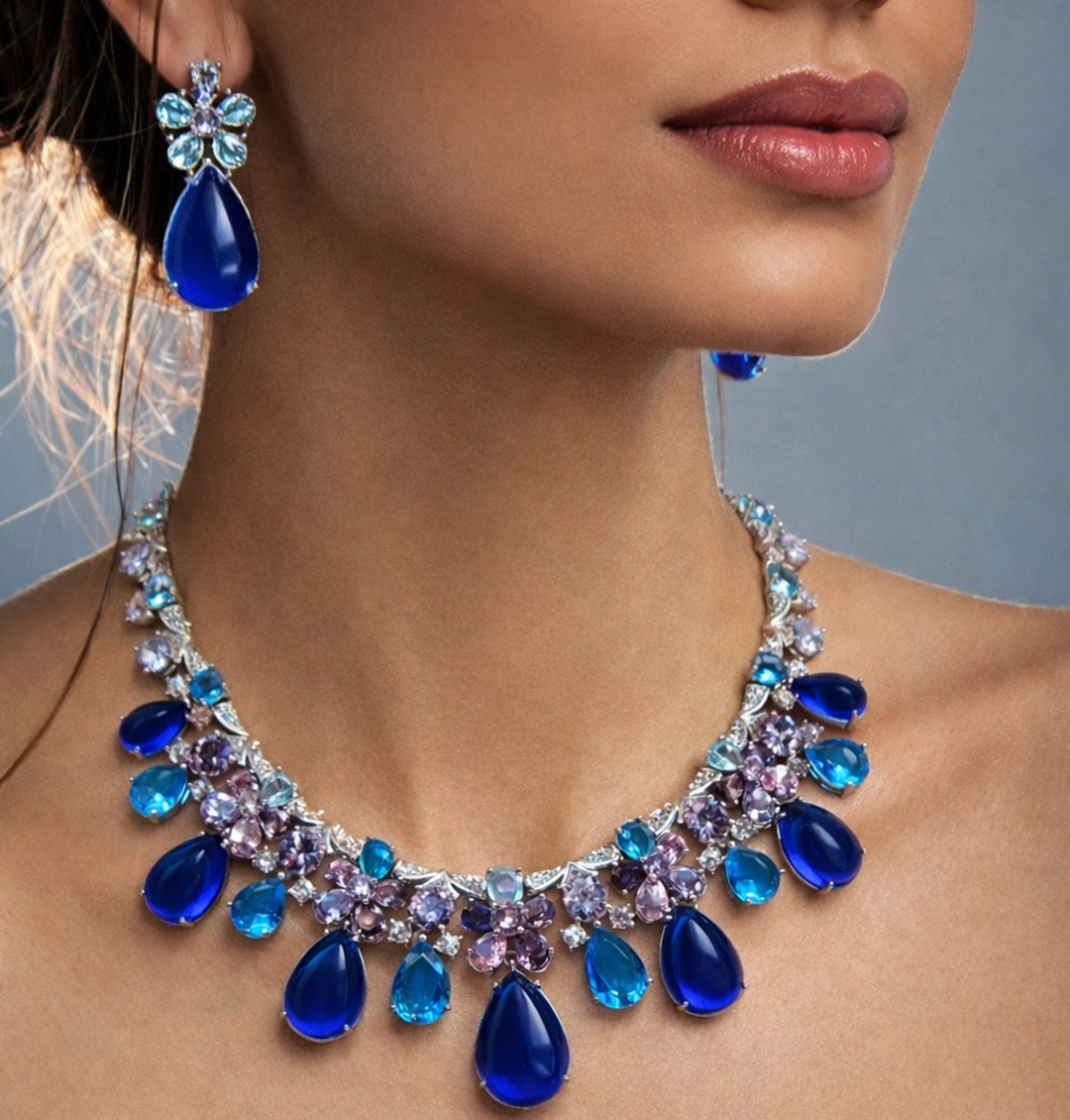 Royal Sapphire Bloom Crystal Necklace & Earrings Set