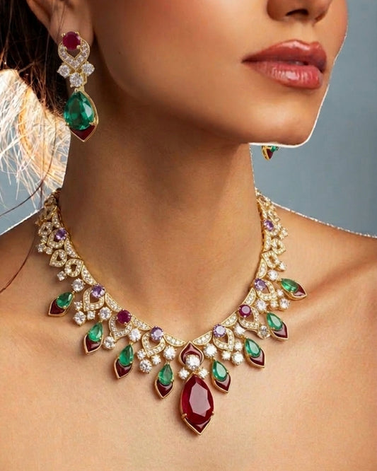 Royal Emerald & Ruby Gold-Plated Luxury Cubic Zirconia Necklace Set
