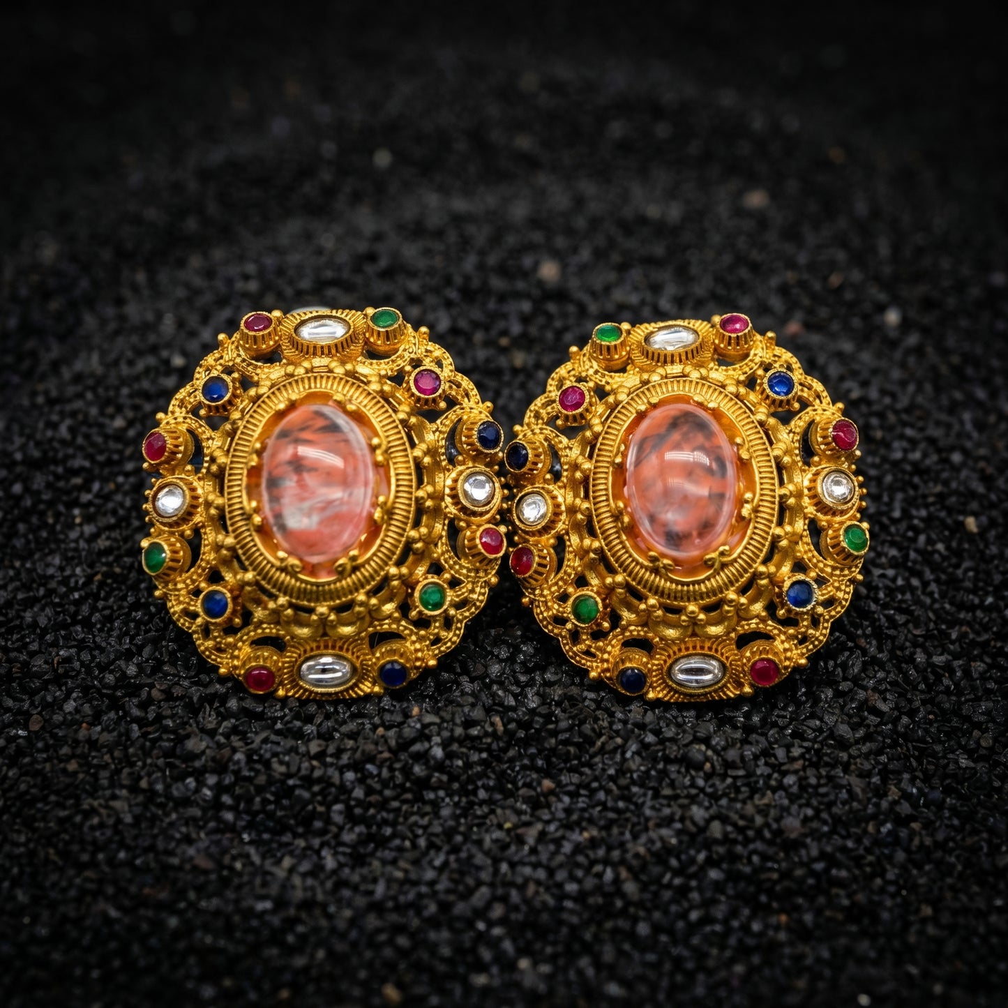 Multicolour Cabochon Polki Heritage Cluster Studs