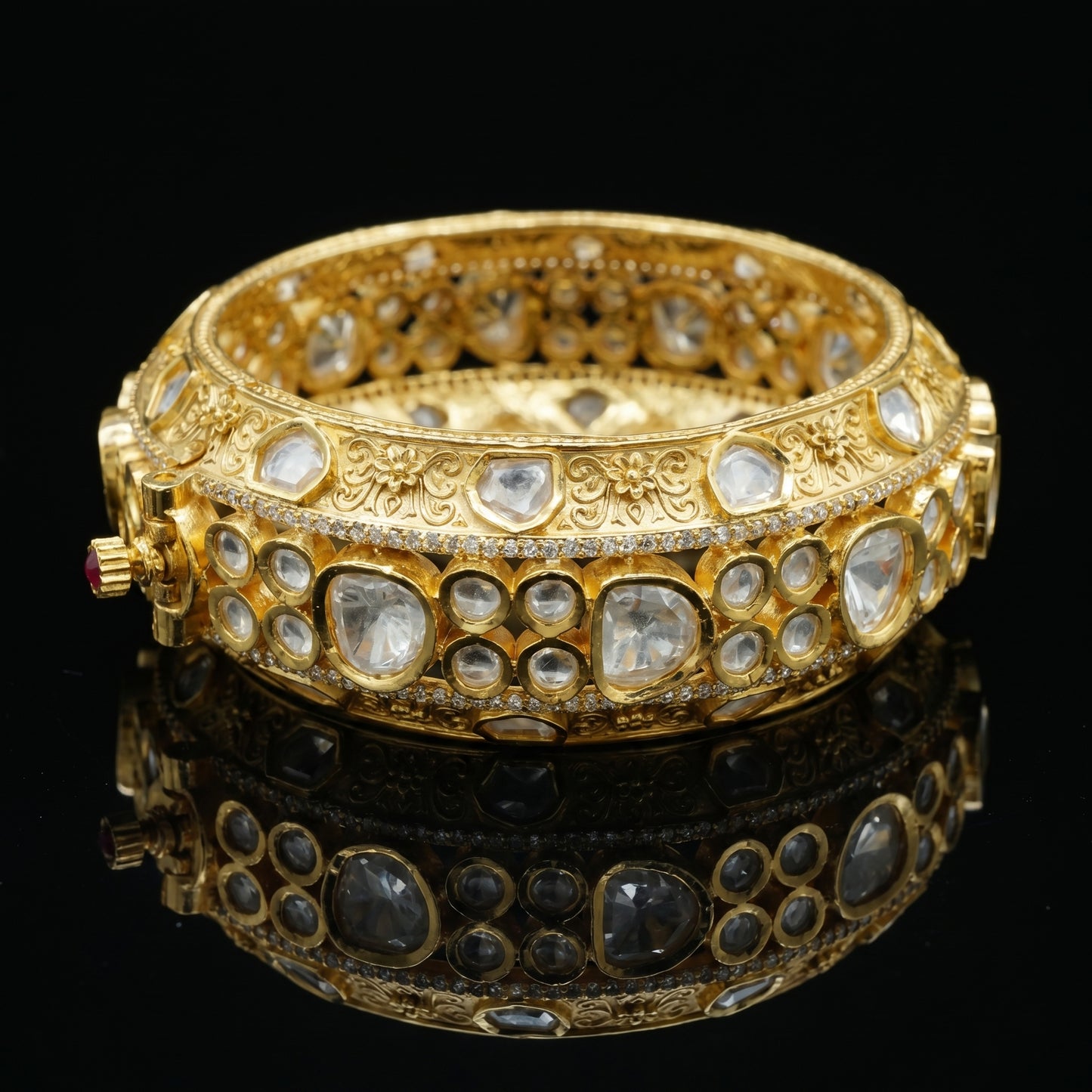 Polki Diamond Engraved Gold Statement Bangle