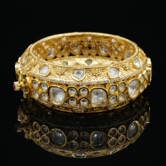 Polki Diamond Engraved Gold Statement Bangle