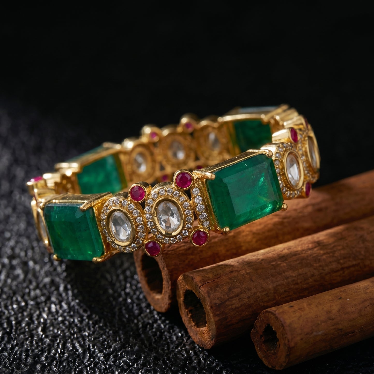 Emerald Ruby Polki Diamond Gold Bangle
