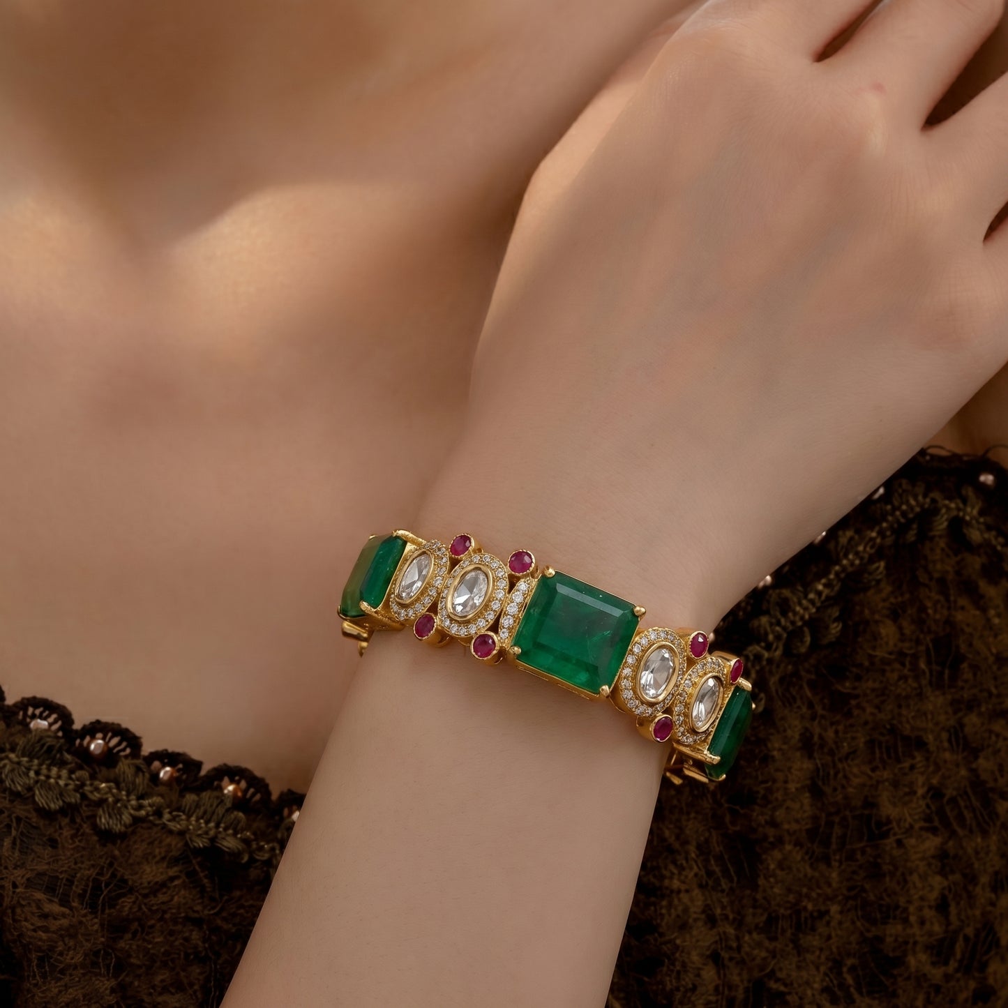 Emerald Ruby Polki Diamond Gold Bangle