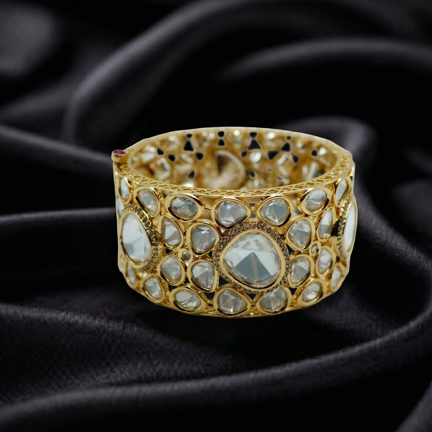 Polki Diamond Wide Gold Cuff Bracelet