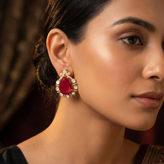 Pear Ruby Polki Diamond Gold Stud Earrings