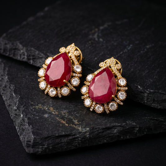 Pear Ruby Polki Diamond Gold Stud Earrings