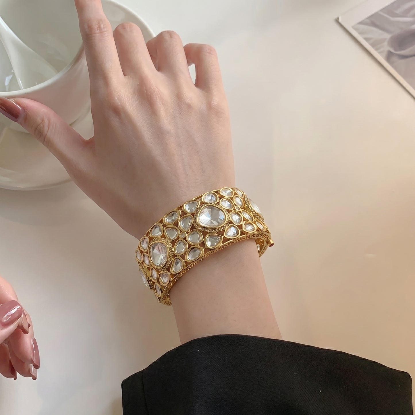 Polki Diamond Wide Gold Cuff Bracelet