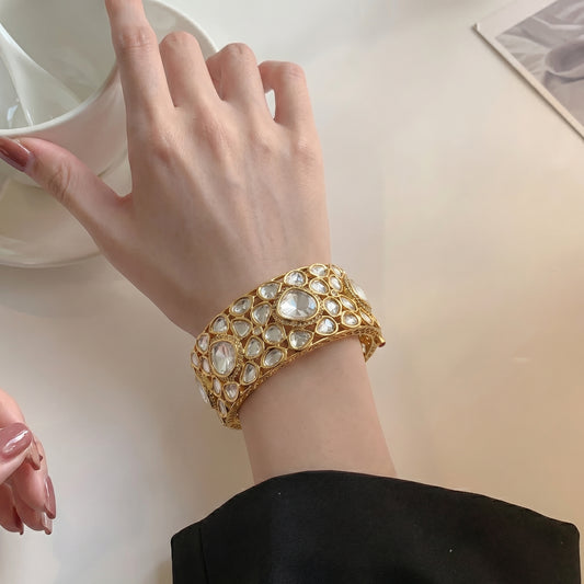 Polki Diamond Wide Gold Cuff Bracelet