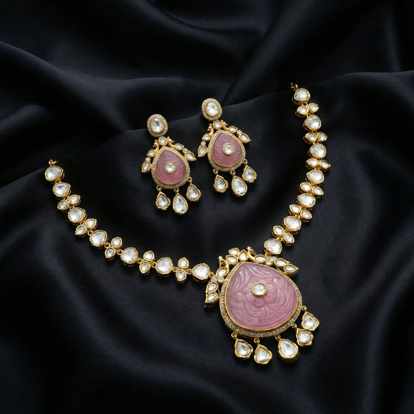 Carved Rose Quartz Polki Treasure Set
