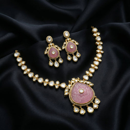 Carved Rose Quartz Polki Treasure Set