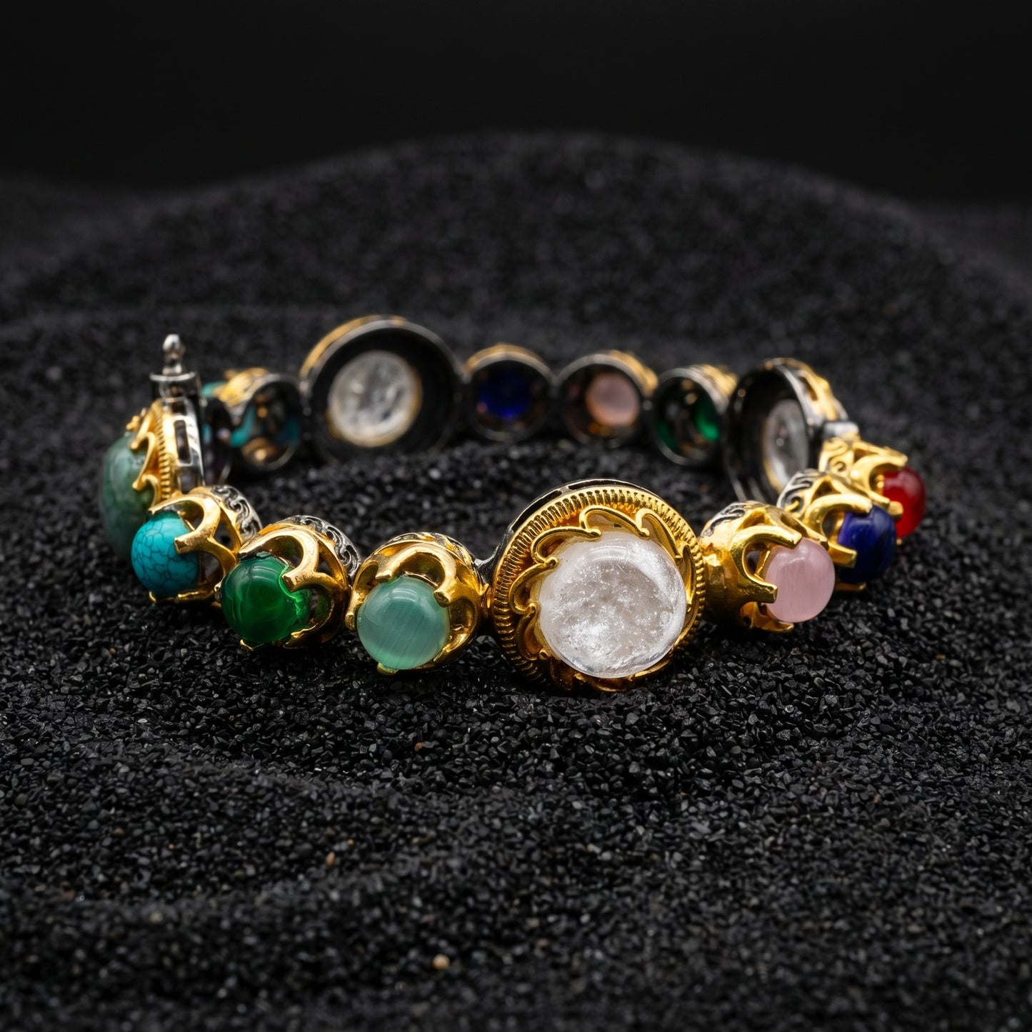 Navaratna Multicolour Gemstone Crown Setting Gold Bracelet