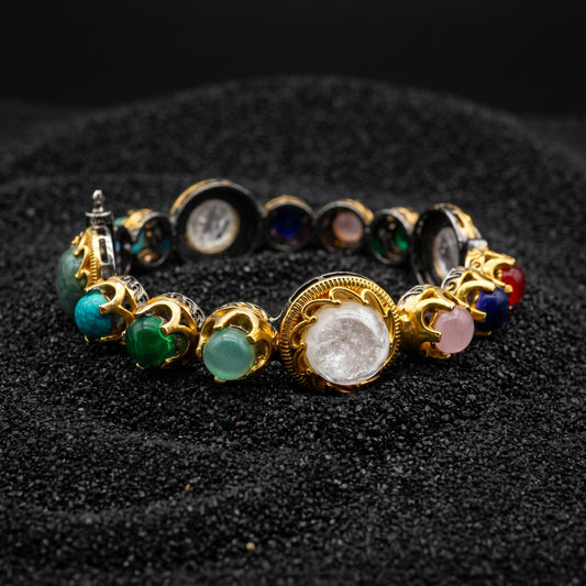 Navaratna Multicolour Gemstone Crown Setting Gold Bracelet
