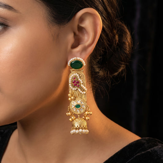 Emerald Ruby Polki Pearl Jhumka Gold Earrings