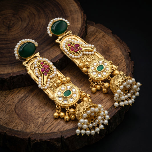 Emerald Ruby Polki Pearl Jhumka Gold Earrings