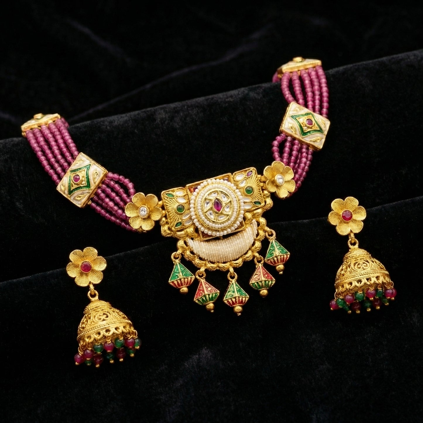 Festive Enamel Gold Jhumka Heritage Set