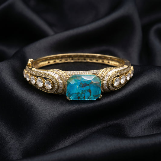 Turquoise Emerald-Cut Diamond Pavé Gold Bracelet