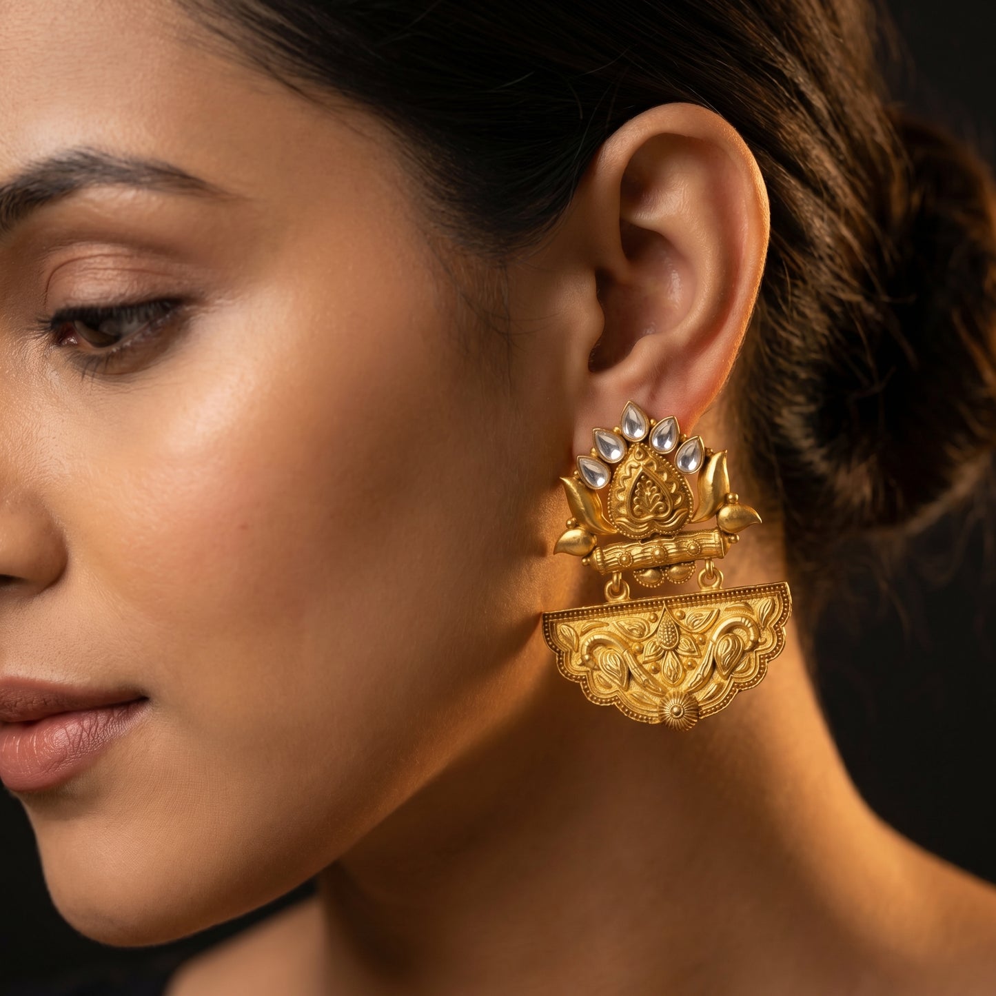 Polki Lotus Repoussé Fan Gold Earrings