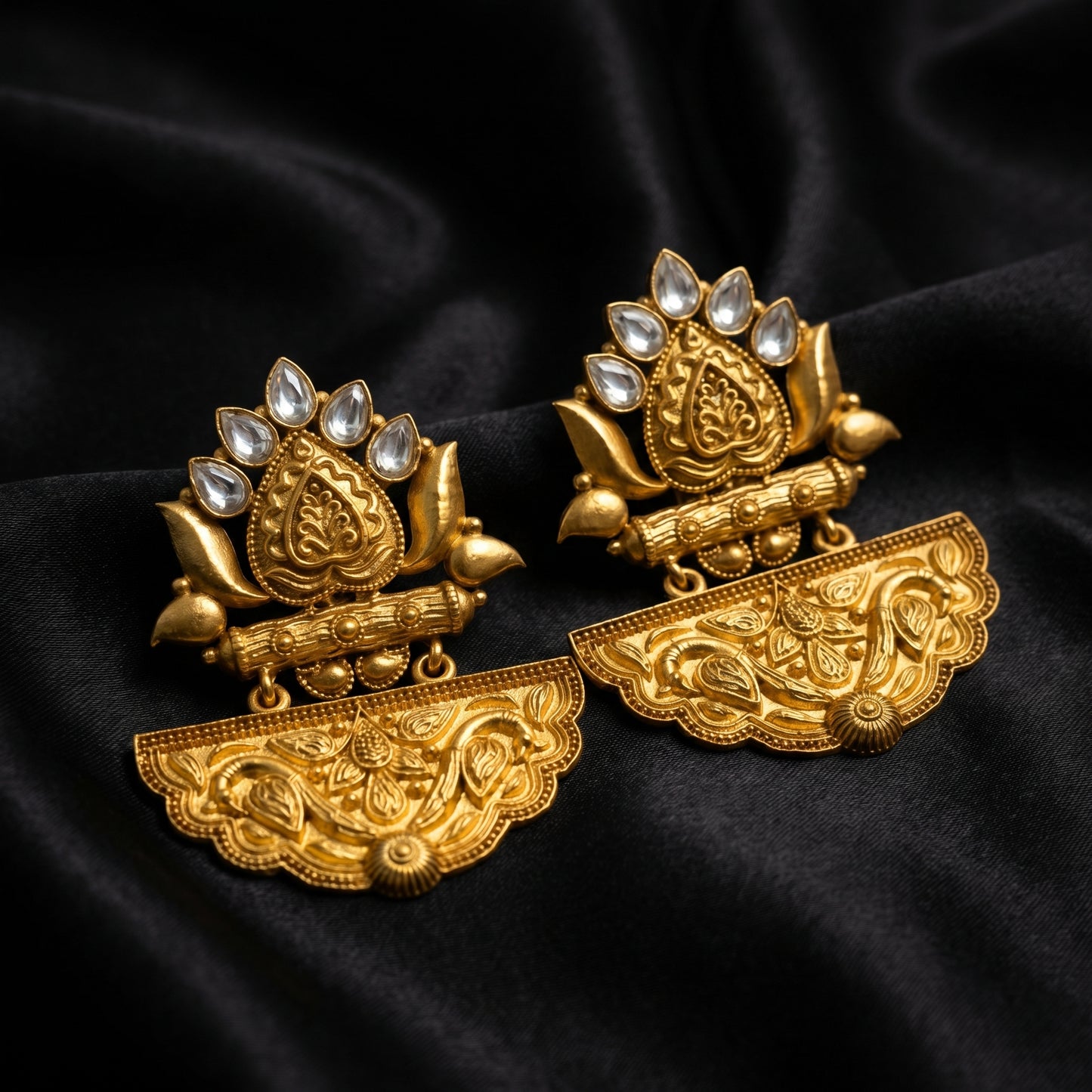 Polki Lotus Repoussé Fan Gold Earrings