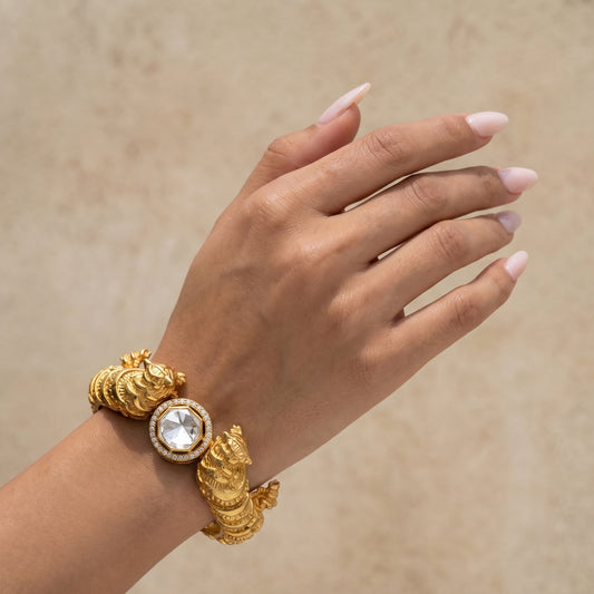 Polki Diamond Lion Repoussé Gold Bracelet