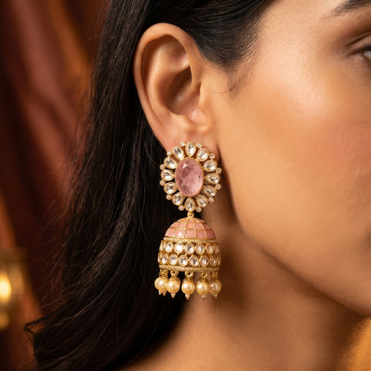 Rose Quartz Polki Pearl Jhumka Gold Earrings