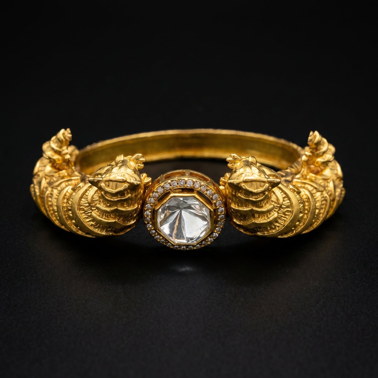 Polki Diamond Lion Repoussé Gold Bracelet