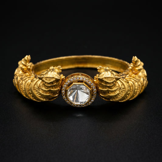 Polki Diamond Lion Repoussé Gold Bracelet