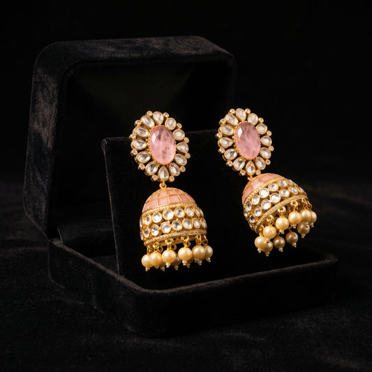 Rose Quartz Polki Pearl Jhumka Gold Earrings