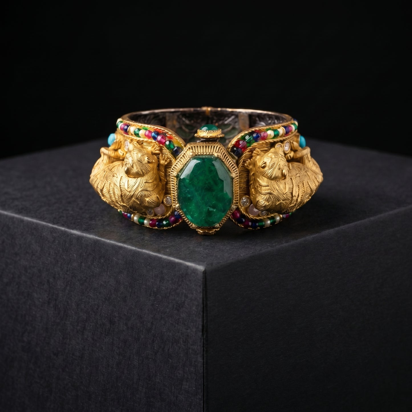 Emerald Lion Repoussé Navratan Bead Gold Bracelet
