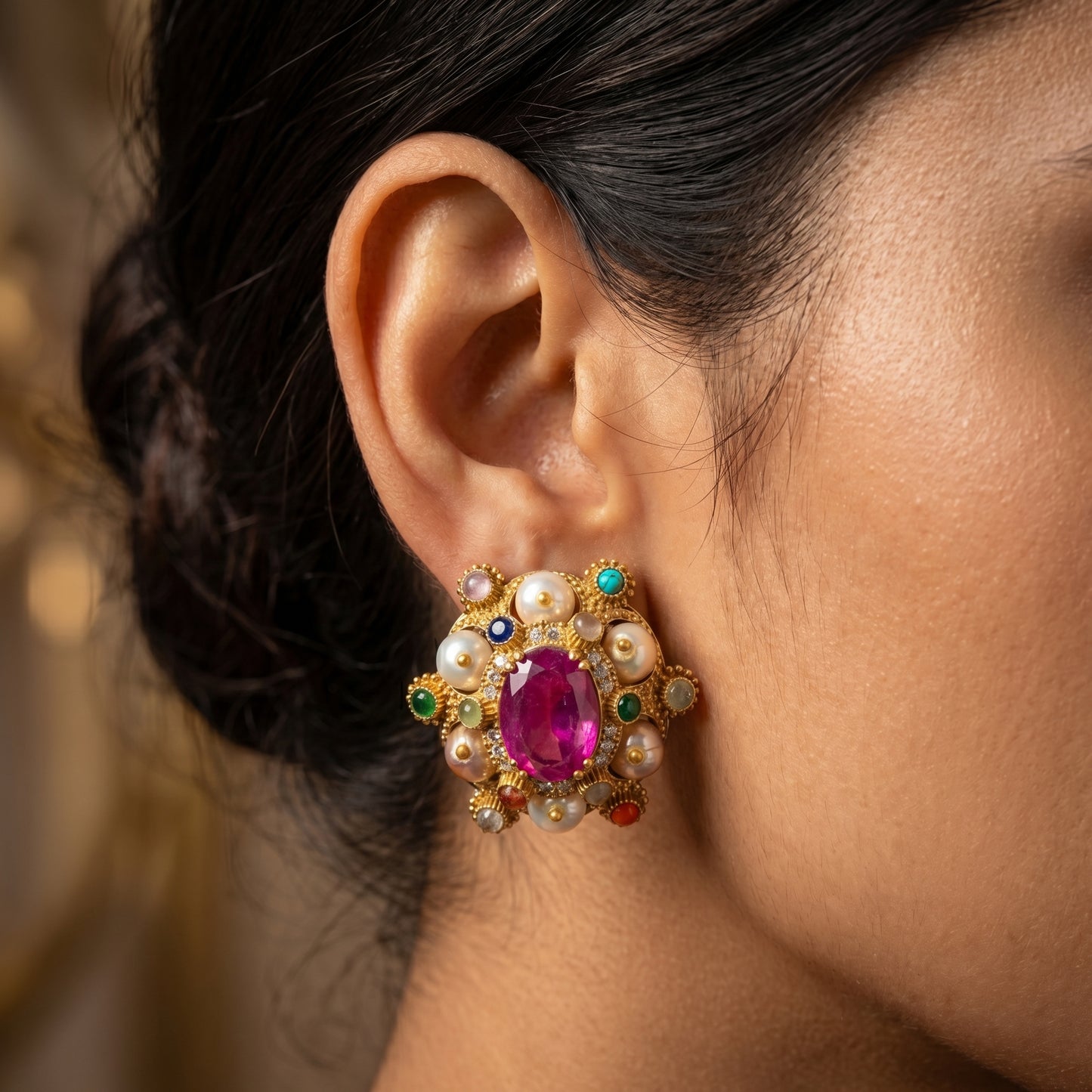 Ruby Navratna Pearl Cluster Gold Stud Earrings