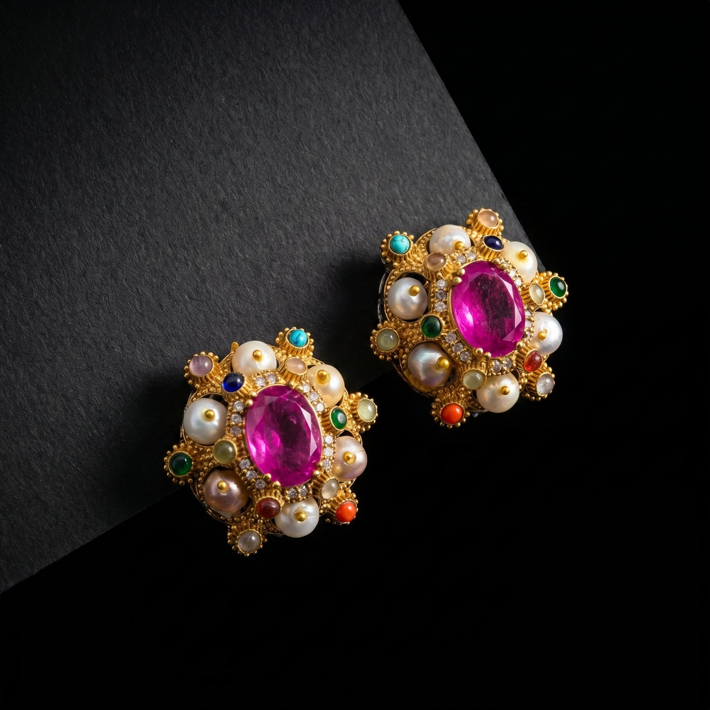 Ruby Navratna Pearl Cluster Gold Stud Earrings