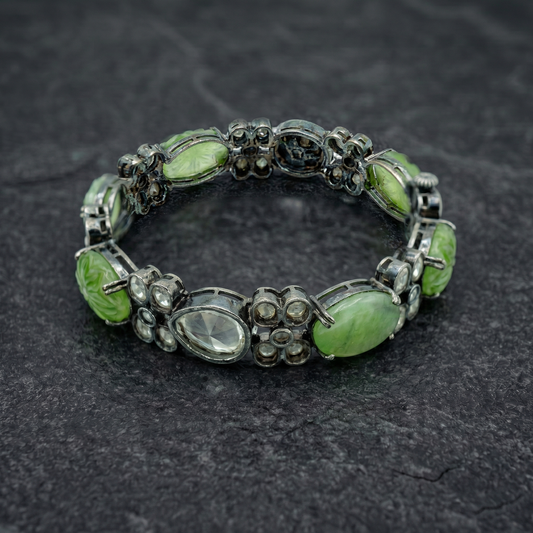 Jade Carved Polki Floral Oxidised Silver Bracelet
