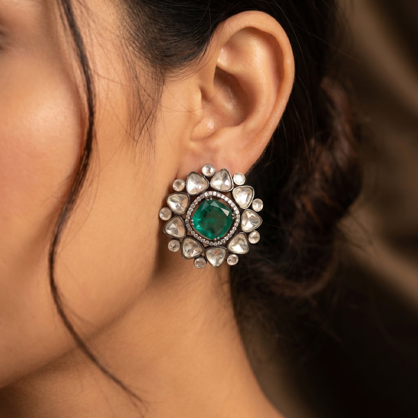 Cushion Emerald Polki Diamond Silver Stud Earrings