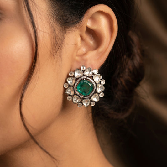 Cushion Emerald Polki Diamond Silver Stud Earrings